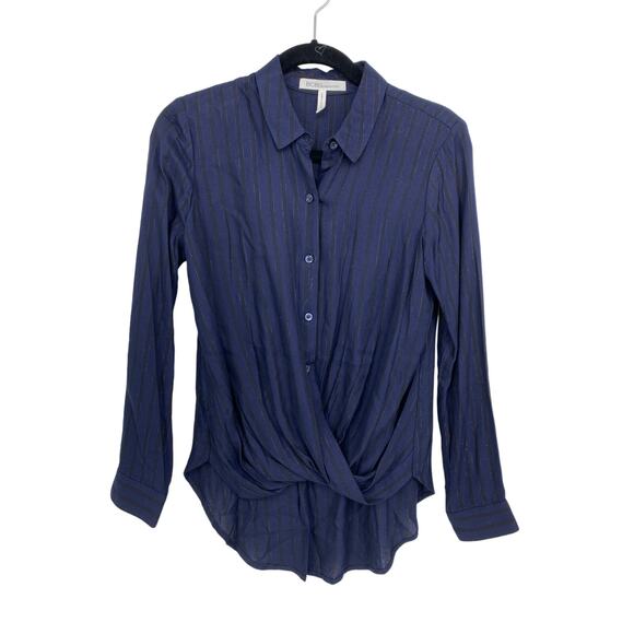 BCBGeneration Top Women's Sz XS Wrap Hem Blouse Dark Navy Combo Metallic Stripe - Picture 1 of 6